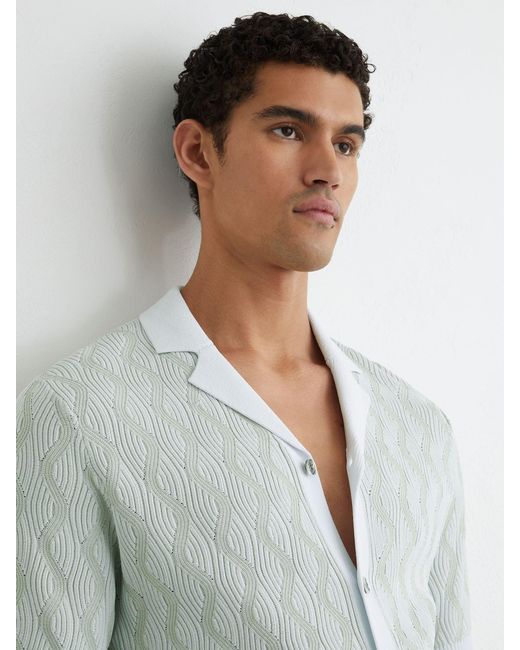 Reiss Gray Wave-Knit Cuban-Collar Shirt for men