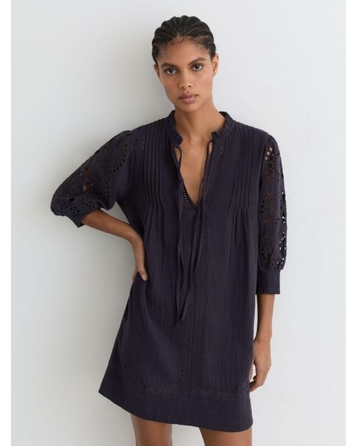 Reiss Blue Cotton Cheesecloth Broderie Mini Dress