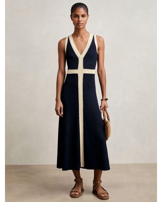 Reiss Blue Craft-Stitch Knitted Midi Dress