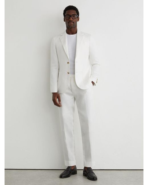 Reiss White Tailored Fit Linen-Twill Single-Breasted Blazer for men