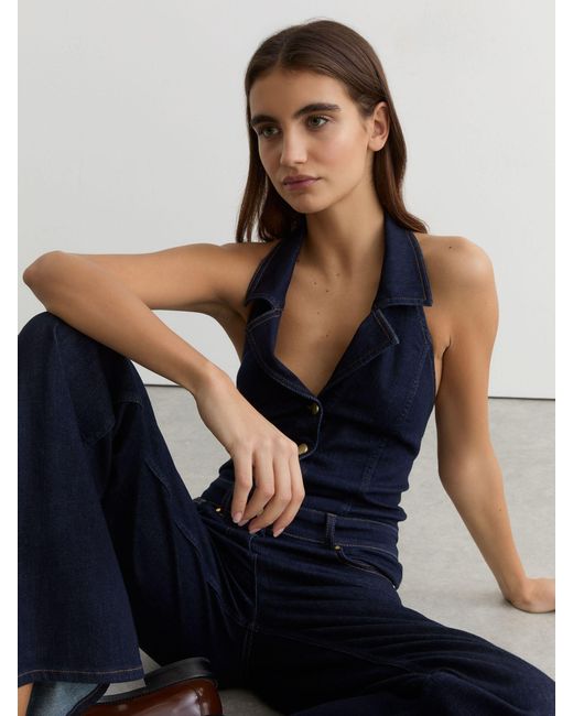 Reiss Blue Denim Halterneck Flared Jumpsuit
