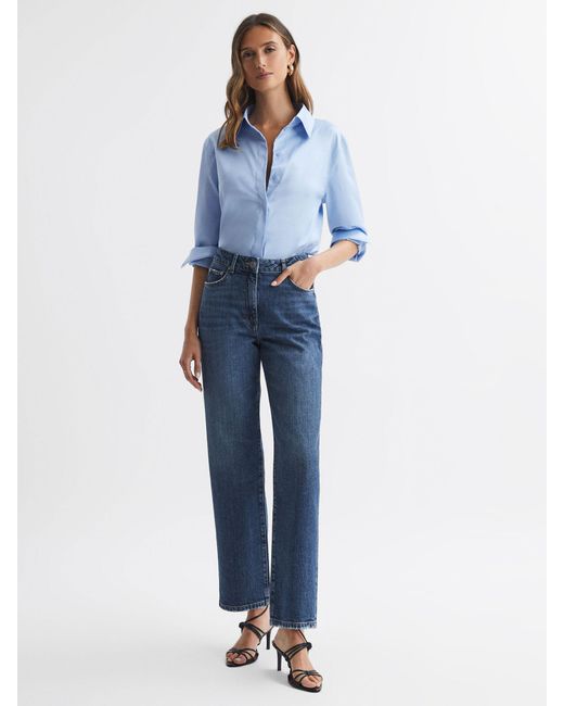 Reiss Selin - Mid Blue Mid Rise Straight Leg Cropped Jeans