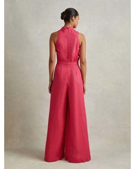 Reiss Red Selena - Coral Petite Linen Blend Drape Jumpsuit, Us 0