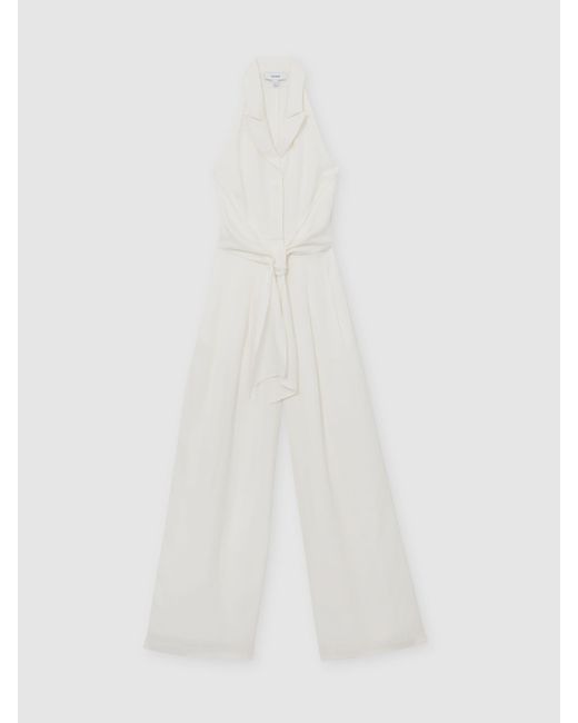 Reiss White Cream Tie-Front Wide-Leg Jumpsuit With Linen