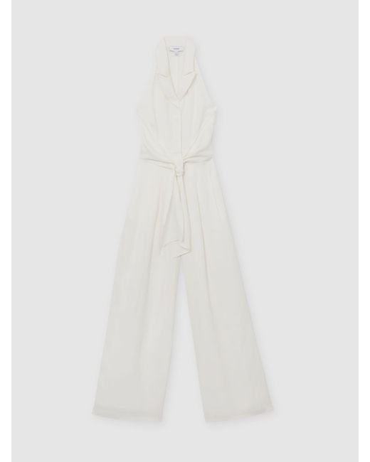Reiss White Cream Tie-Front Wide-Leg Jumpsuit With Linen