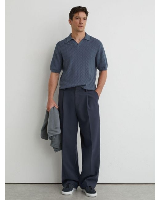 Reiss Blue Textured-Knit Open-Collar Polo Shirt for men