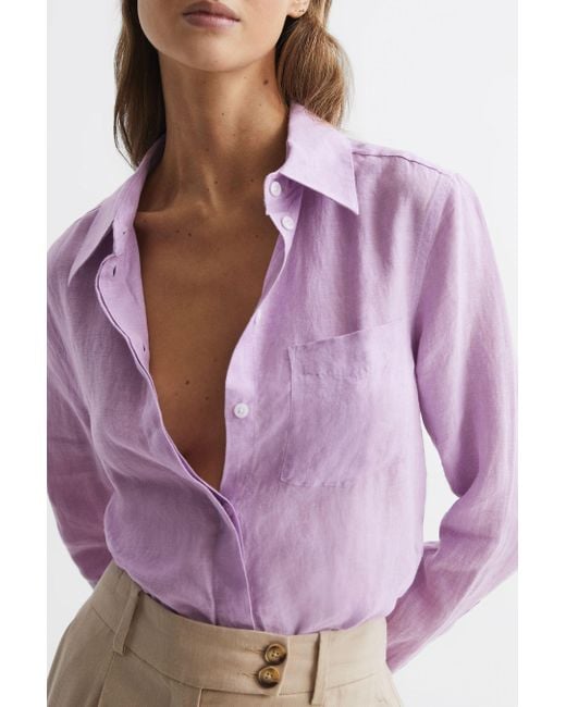 Reiss Purple Campbell - Lilac Linen Long Sleeve Shirt, Us 0