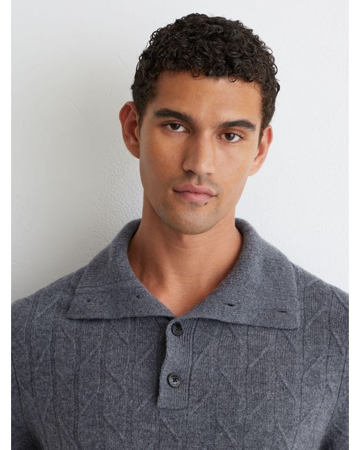 Reiss Gray Wool Stitch-Detail Half-Button Jumper for men