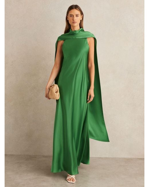 Reiss Fae - Green Satin Cape Maxi Dress, Us 2