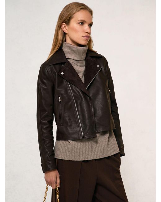 Reiss Black Lidia Petite Suede-Lapel Leather Biker Jacket
