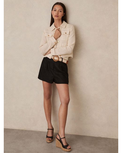 Reiss Natural Beau - Black Linen Pleat-front Belted Shorts, Us 14 L