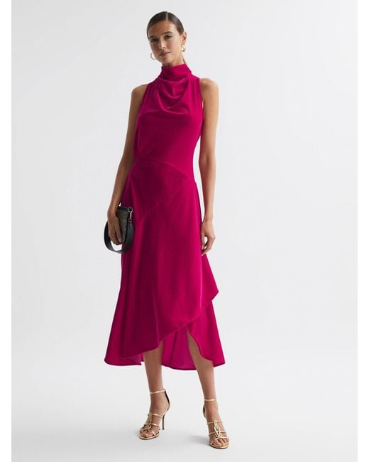 Reiss Red Velvet Funnel Neck Asymmetric Midi Dress