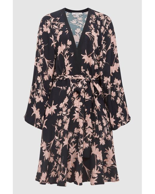 Reiss Multicolor Kerina - Pink/black Floral Print V-neck Dress, Us 12