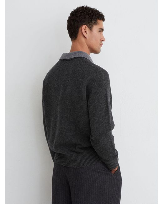 Reiss Black Wool V-Neck Contrast-Collar Jumper for men