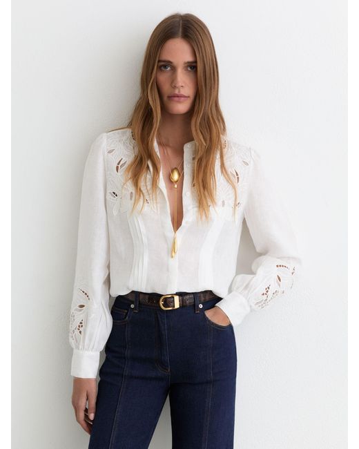 Reiss White Linen Embroidered Blouse
