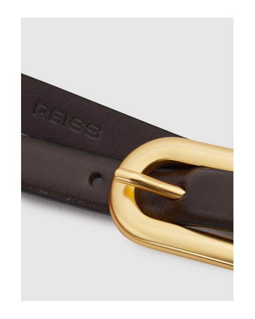 Reiss Brown Chaya - Chocolate Thin Leather Elongated Buckle Belt, S