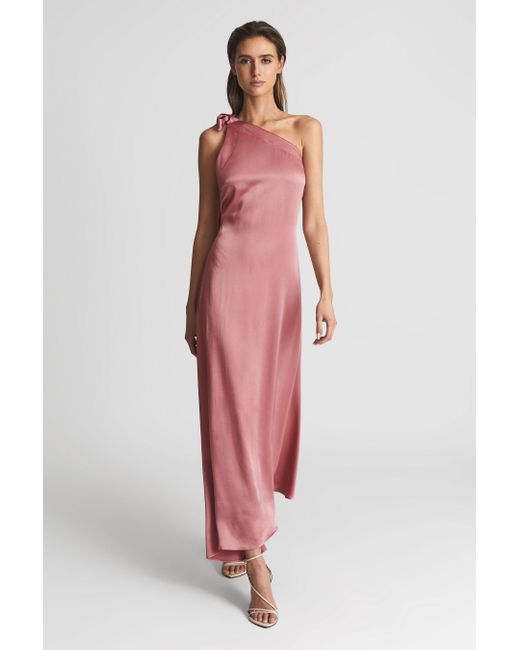 Reiss Red Delphine - Pink One Shoulder Asymmetric Maxi Dress