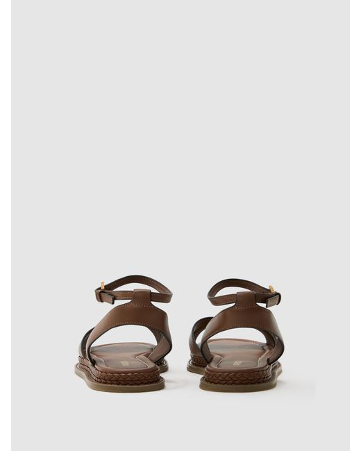 Reiss Brown Leather Plaited-Detail Flat Sandals