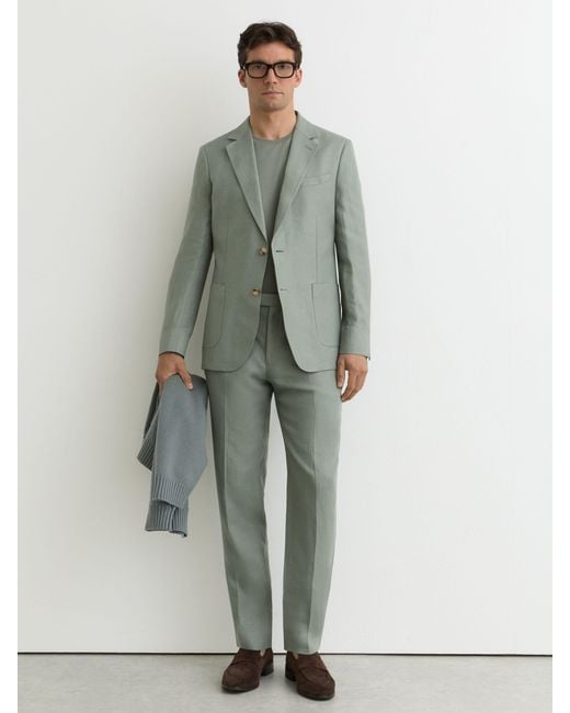 Reiss Green Tailored Fit Linen-Twill Classic-Fit Suit Trousers for men