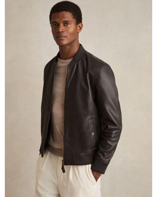 Reiss Brown Leather Bomber Jacket for men