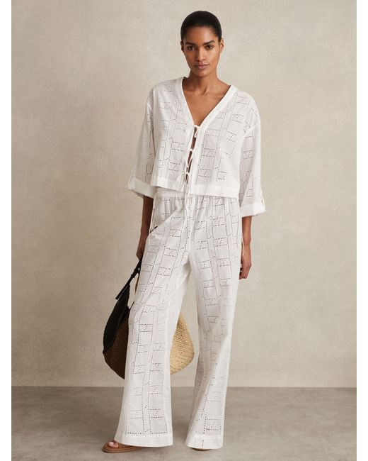 Reiss Natural Cotton Broderie Tie-Front Top