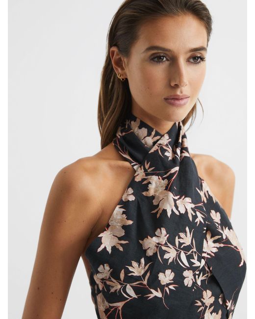 Reiss Multicolor Ally - Black/blush Ally Printed 100% Linen Halter Neck Cropped Top, Us 8