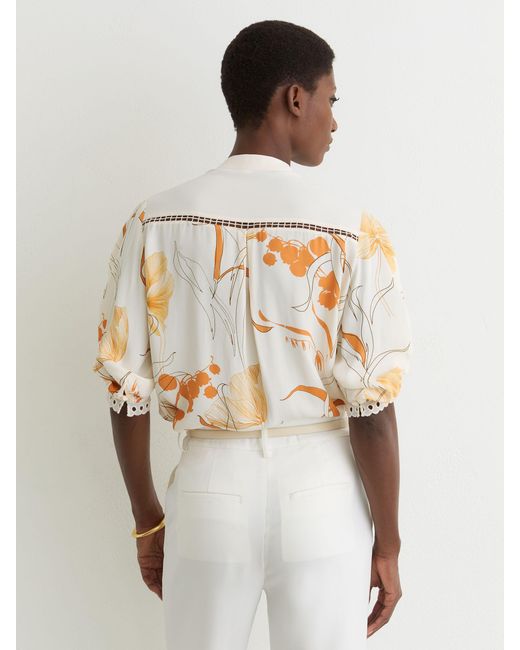 Reiss White Louisa - Ivory/pink Floral-print Lace-trim Blouse, Us 6