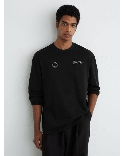Reiss Black Cotton Motif Long-Sleeve Relaxed T-Shirt for men