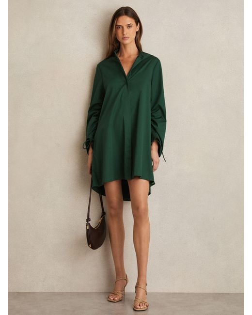 Reiss Grazia - Green Cotton Gathered Cut-out Shirt Dress With Stretch, Us 2