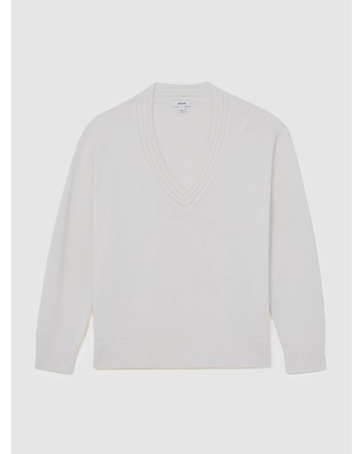 Reiss White Cherish - Ivory Cotton And Wool V-neck Jumper, Xs (us 2)