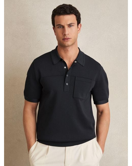Reiss Black Press-Stud Seam-Detail Polo Shirt for men