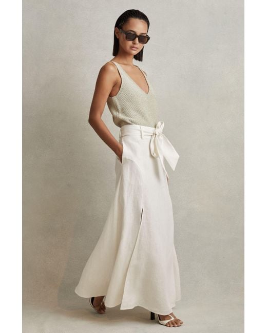 Reiss Natural Abigail - White High Rise Linen Midi Skirt, Us 14