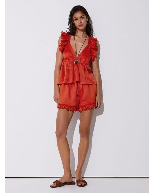 Reiss Red Ruffle Trim Side-Tie Babydoll Top