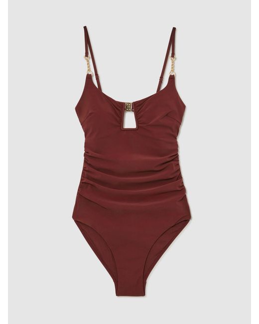 Reiss Green Cut-Out Detail Ruched Swimsuit