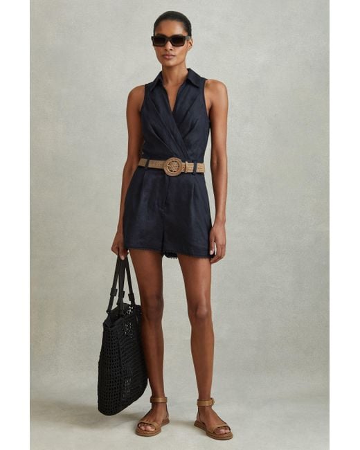 Reiss Blue Mila - Navy Linen Double Breasted Belted Playsuit