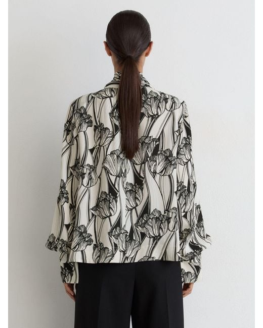 Reiss Black Silk Floral-Print Tie-Neck Blouse