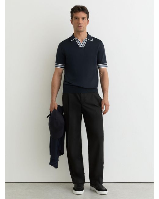 Reiss Blue Tipped Open-Collar Knitted Polo Shirt for men