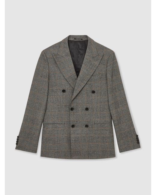 Reiss Gray Wool Double-Breasted Check Tailored-Fit Suit Blazer for men