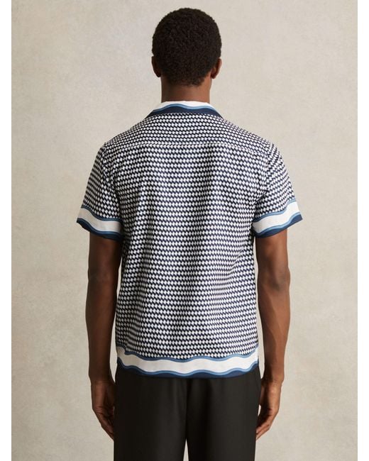 Reiss Blue Oe Vanpelt Geometric-Print Cuban-Collar Shirt for men