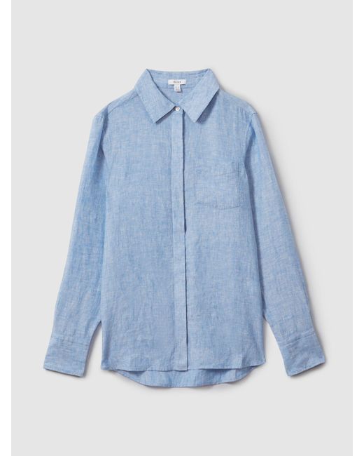 Reiss Belle - Blue Linen Button-through Shirt, Us 6