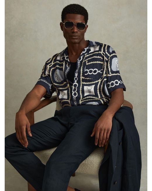 Reiss Blue Chain Print Cuban Collar Shirt for men