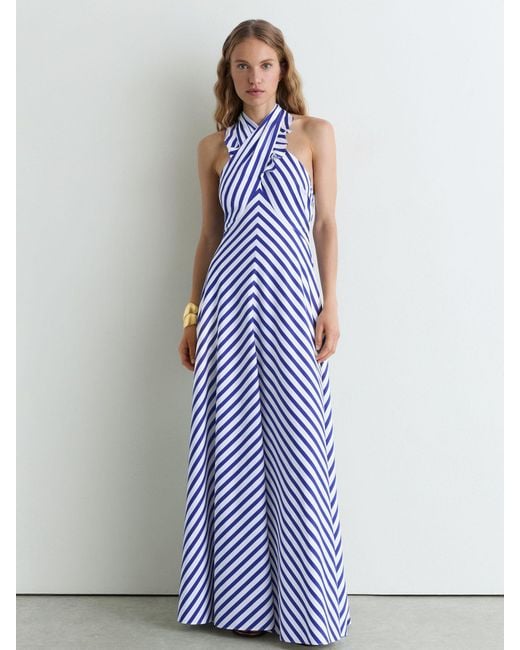 Reiss Blue Striped Halterneck Ruffle Maxi Dress