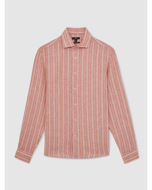 Reiss Pink Rose & Bengal Stripe Linen Striped Long Sleeve Shirt for men