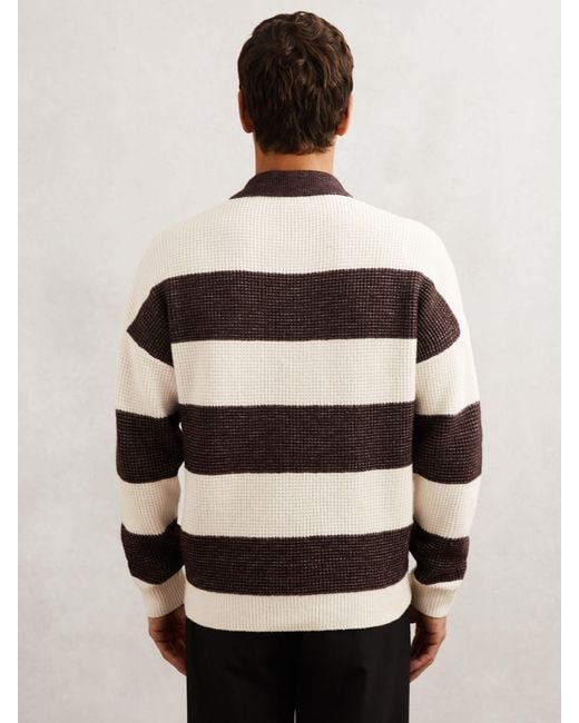 Reiss Black Chocolate & Off Waffle-Knit Stripe Half-Button Jumper With Wool for men