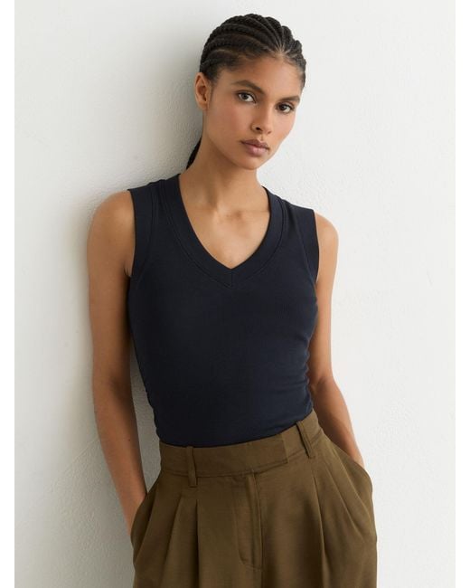 Reiss Blue Stretch-Cotton Rib Ruched V-Neck Vest