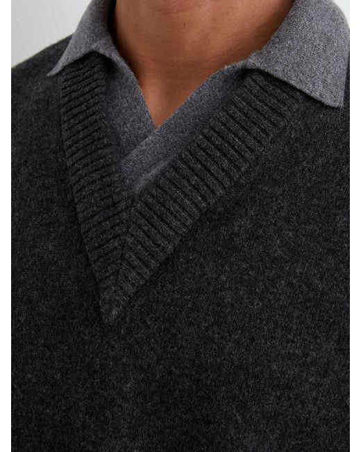 Reiss Black Wool V-Neck Contrast-Collar Jumper for men