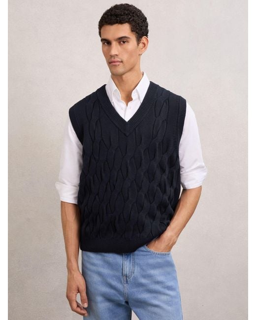 Reiss Blue Cable-Knit V-Neck Vest With Wool for men
