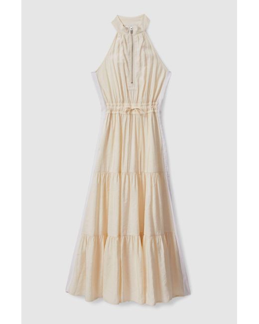 Reiss Natural Taylor - Neutral Drawstring Waist Tiered Midi Dress