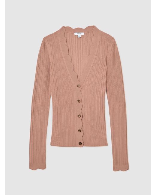 Reiss Natural Rib-Knit Scallop-Trim Cardigan