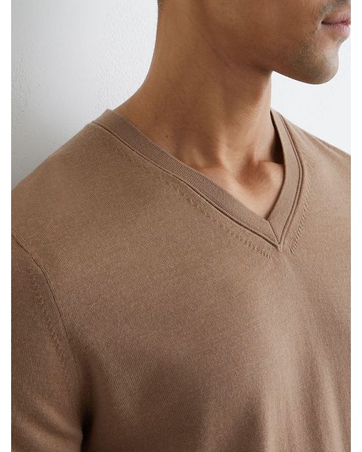 Reiss White Earl - Camel Brown Merino Wool V-neck Jumper, Xxl for men